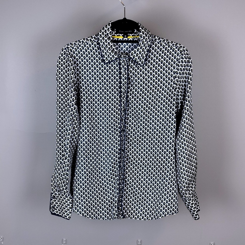 Pink Tartan Silk Geometric Floral Button Down Shirt Navy White XS